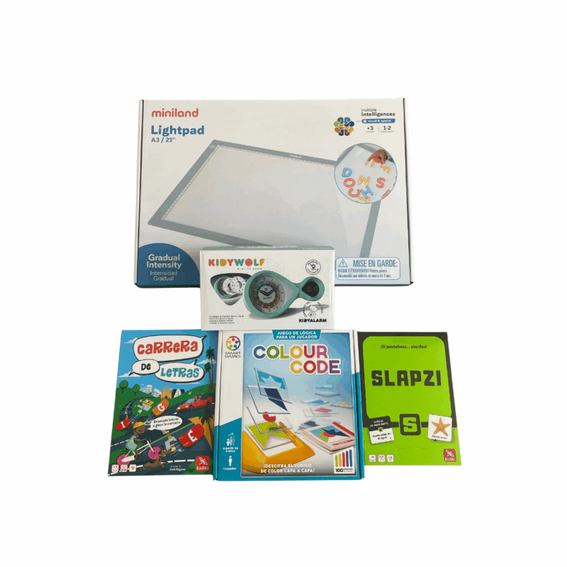 Kit Aprendizajes Divertidos Kiboo con Slapzzi, Carrera de Letras, Colour Code, Kidy Alarm, mesa de luz y letras translúcidas para aprendizaje multisensorial.