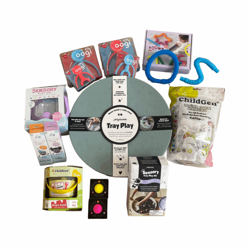 Kit Sensorial Kiboo con bandeja, jarra Glo Pals, arena kinética, OOGI, plastilina, pelotas sensoriales y tubos TOOB-X para juego multisensorial.