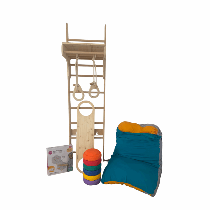 Kit Motor Kiboo con espaldera, BraquiBoard, anillas, Stapelstein, tabla de equilibrio, Stem Crayon Set y Puff Armadillo para desarrollo motriz infantil.