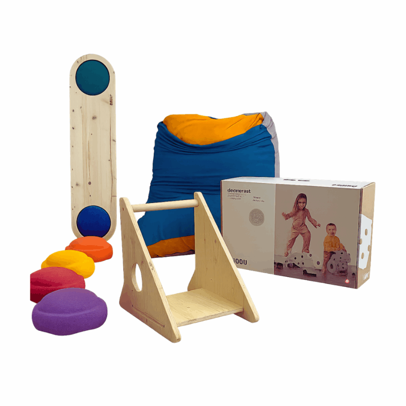 Kit Babys Kiboo con trineo, Modu Dreamer, bloques Stapelstein, tabla de equilibrio y Puff Armadillo para estimulación motriz y sensorial de bebés.