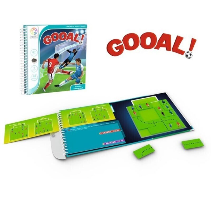 Juego magnético infantil de fútbol con tablero compacto y 48 desafíos educativos.